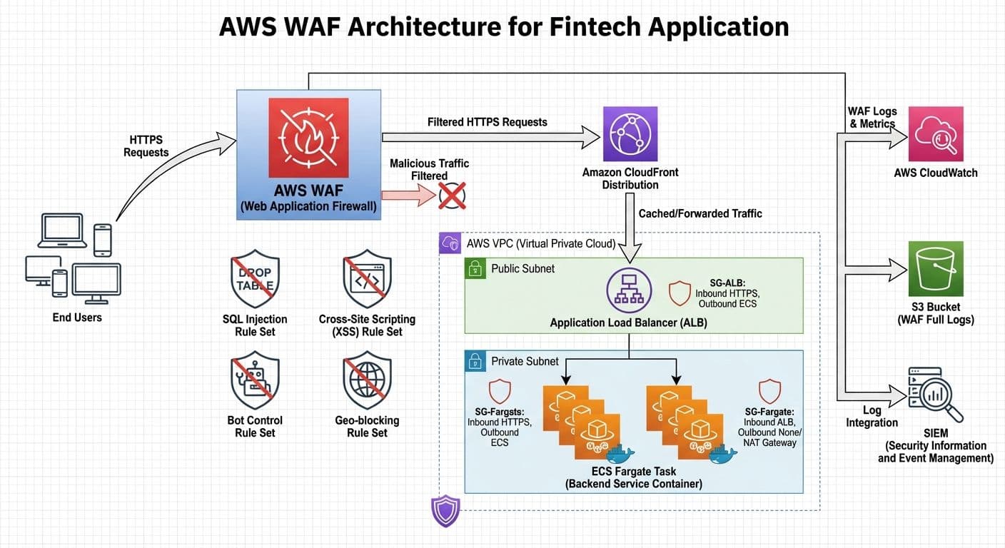 AWS WAF architecture protecting fintech applications with CloudFront and ECS Fargate